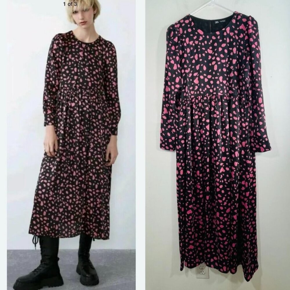 Zara Black Pink Spotted Animal Print Satin Long Sleeve Midi Dress Medium